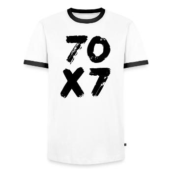 70x7: Infinite Forgiveness - Gospel of Matthew - Men's Ringer Shirt - white/black - Front - AI Model Female 172 light (172cm) & AI Model Male 178 dark (178cm)