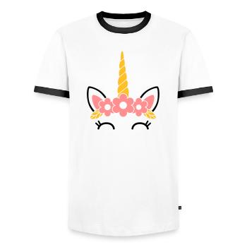 Reine des fleurs : la majestueuse licorne - T-shirt contrasté Homme - blanc/noir - Devant - AI Model Female 172 light (172cm) & AI Model Male 178 dark (178cm)
