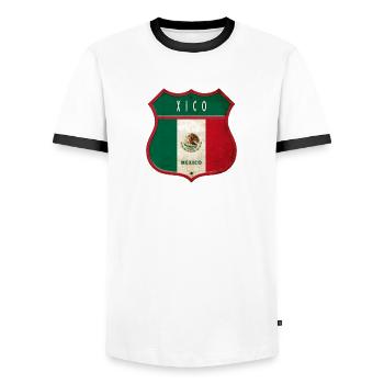Xico Mexiko Wappen Design - Männer Kontrast-T-Shirt - Weiß/Schwarz - Vorne - AI Model Female 172 light (172cm) & AI Model Male 178 dark (178cm)