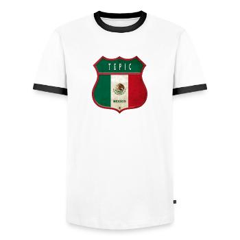 Tepic Mexiko Wappen Design - Männer Kontrast-T-Shirt - Weiß/Schwarz - Vorne - AI Model Female 172 light (172cm) & AI Model Male 178 dark (178cm)