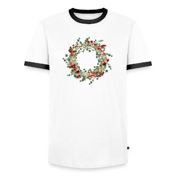 filigree Christmas larch wreath as a frame - Men's Ringer Shirt - white/black - Front - AI Model Female 172 light (172cm) & AI Model Male 178 dark (178cm)