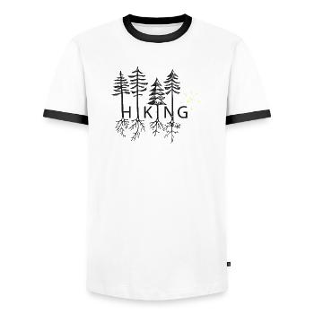 Hiking - hiking, forest, trees - nature lovers! - Men's Ringer Shirt - white/black - Front - AI Model Female 172 light (172cm) & AI Model Male 178 dark (178cm)