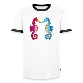 two enchanting seahorses united in love - Men's Ringer Shirt - white/black - Front - AI Model Female 172 light (172cm) & AI Model Male 178 dark (178cm)