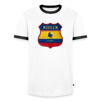 Medellín Kolumbien Wappen Design - Männer Kontrast-T-Shirt - Weiß/Schwarz - Vorne - AI Model Female 172 light (172cm) & AI Model Male 178 dark (178cm)