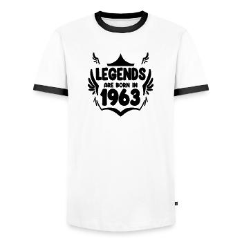 1963 - Born 1963 - Men's Ringer Shirt - white/black - Front - AI Model Female 172 light (172cm) & AI Model Male 178 dark (178cm)