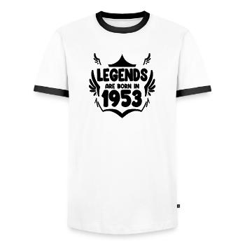 1953 - Jahrgang 1953 - Geburtsjahr 1953 - Männer Kontrast-T-Shirt - Weiß/Schwarz - Vorne - AI Model Female 172 light (172cm) & AI Model Male 178 dark (178cm)