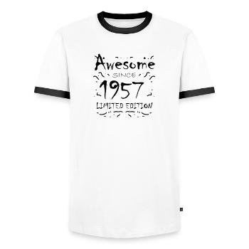 1957 - Jahrgang 1957 - Fantastisch seit 1957 - Männer Kontrast-T-Shirt - Weiß/Schwarz - Vorne - AI Model Female 172 light (172cm) & AI Model Male 178 dark (178cm)