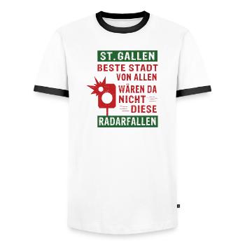 St.Gallen beste Stadt von allen Radarfallen - Männer Kontrast-T-Shirt - Weiß/Schwarz - Vorne - AI Model Female 172 light (172cm) & AI Model Male 178 dark (178cm)