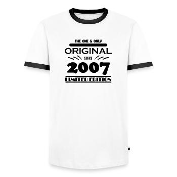 2007 - Year of construction 2007 - Vintage 2007 - Men's Ringer Shirt - white/black - Front - AI Model Female 172 light (172cm) & AI Model Male 178 dark (178cm)