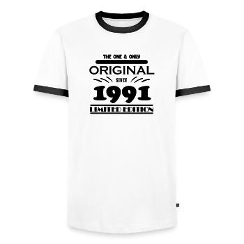 1991 - Année de construction 1991 - Né en 1991 - T-shirt contrasté Homme - blanc/noir - Devant - AI Model Female 172 light (172cm) & AI Model Male 178 dark (178cm)