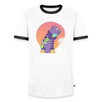 Cuddly Cat Hugs Fish Lover Cat Naughty Manga - Men's Ringer Shirt - white/black - Front - AI Model Female 172 light (172cm) & AI Model Male 178 dark (178cm)
