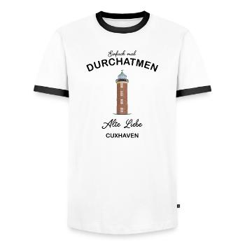 Cuxhaven, Hamburger Leuchtturm an der Alten Liebe - Männer Kontrast-T-Shirt - Weiß/Schwarz - Vorne - AI Model Female 172 light (172cm) & AI Model Male 178 dark (178cm)