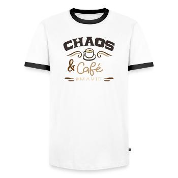 Chaos and #mavie coffee - Men's Ringer Shirt - white/black - Front - AI Model Female 172 light (172cm) & AI Model Male 178 dark (178cm)