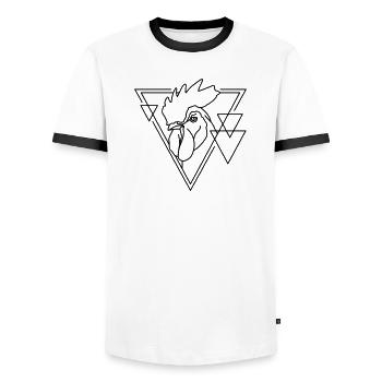 Coq en forme géométrique - Conception d’art au trait - T-shirt contrasté Homme - blanc/noir - Devant - AI Model Female 172 light (172cm) & AI Model Male 178 dark (178cm)