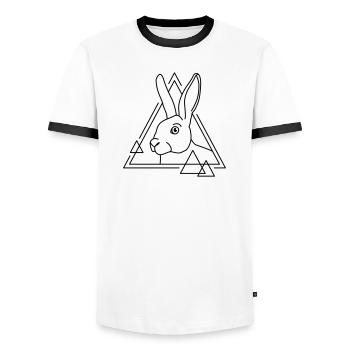 Lapin en forme géométrique - conception d’art au trait - T-shirt contrasté Homme - blanc/noir - Devant - AI Model Female 172 light (172cm) & AI Model Male 178 dark (178cm)