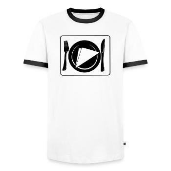 Knife and fork on placemat with plate and napkin - Men's Ringer Shirt - white/black - Front - AI Model Female 172 light (172cm) & AI Model Male 178 dark (178cm)