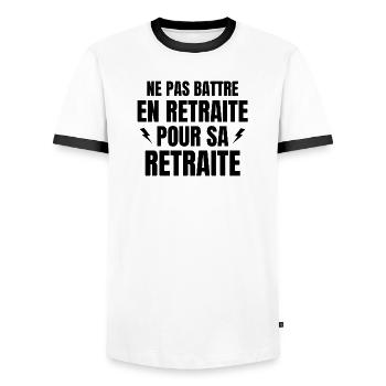 retraite, réforme des retraites, retraitée - T-shirt contrasté Homme - blanc/noir - Devant - AI Model Female 172 light (172cm) & AI Model Male 178 dark (178cm)