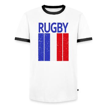 rugby, rugby fan, rugby player - Men's Ringer Shirt - white/black - Front - AI Model Female 172 light (172cm) & AI Model Male 178 dark (178cm)