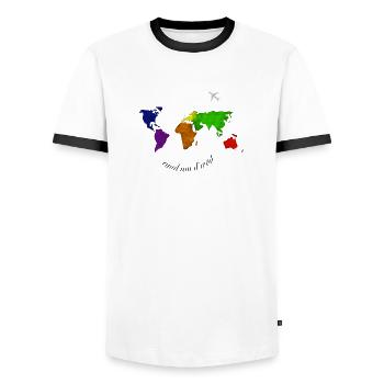 rund um d'Wöd - rund um die Welt, Dialekt - Männer Kontrast-T-Shirt - Weiß/Schwarz - Vorne - AI Model Female 172 light (172cm) & AI Model Male 178 dark (178cm)