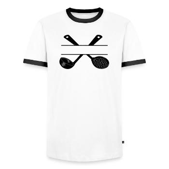 Slotted spoon and soup spoon crossed. - Men's Ringer Shirt - white/black - Front - AI Model Female 172 light (172cm) & AI Model Male 178 dark (178cm)
