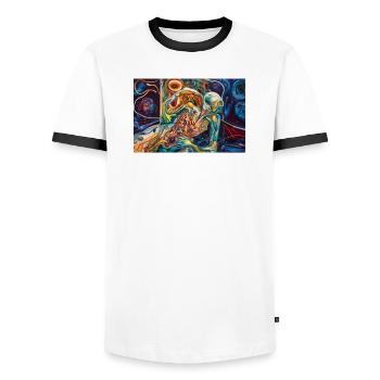 Neon Skeleton in Cosmic Embrace - Men's Ringer Shirt - white/black - Front - AI Model Female 172 light (172cm) & AI Model Male 178 dark (178cm)