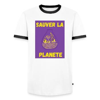 PLANETE. JOUR DE LA TERRE. ECOLOGIE. PLANETE. BIO - T-shirt contrasté Homme - blanc/noir - Devant - AI Model Female 172 light (172cm) & AI Model Male 178 dark (178cm)