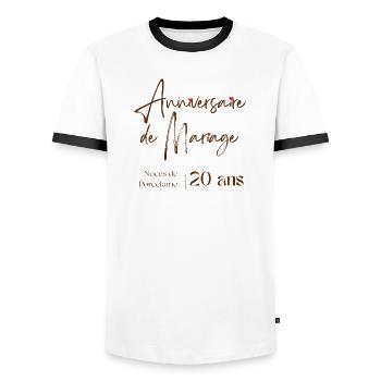 Anniversaire de mariage 20 ans Noces de Porcelaine - T-shirt contrasté Homme - blanc/noir - Devant - AI Model Female 172 light (172cm) & AI Model Male 178 dark (178cm)