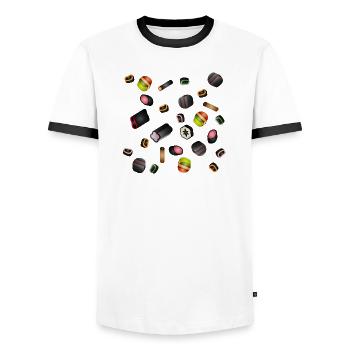 bunte Lakritz Süßigkeiten Potpourri Illustration - Männer Kontrast-T-Shirt - Weiß/Schwarz - Vorne - AI Model Female 172 light (172cm) & AI Model Male 178 dark (178cm)