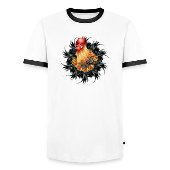 prächtiger Hahn im Hahnenfeder Rahmen - Männer Kontrast-T-Shirt - Weiß/Schwarz - Vorne - AI Model Female 172 light (172cm) & AI Model Male 178 dark (178cm)