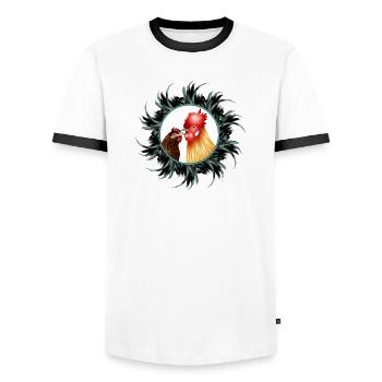 Rooster with hen in feather frame - Men's Ringer Shirt - white/black - Front - AI Model Female 172 light (172cm) & AI Model Male 178 dark (178cm)