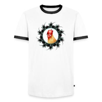 prächtiger Hahn im Hahnenfeder Rahmen - Männer Kontrast-T-Shirt - Weiß/Schwarz - Vorne - AI Model Female 172 light (172cm) & AI Model Male 178 dark (178cm)