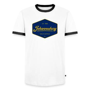 Johannesburg Vintage Sign Blue Yellow - Men's Ringer Shirt - white/black - Front - AI Model Female 172 light (172cm) & AI Model Male 178 dark (178cm)