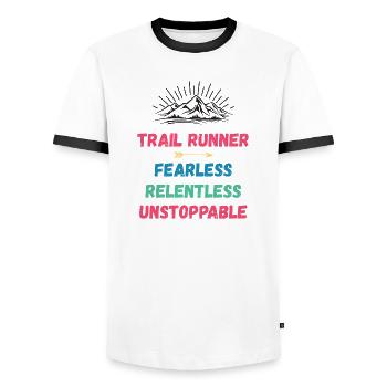 Coureur de trail - Intrépide. Implacable. Imparable. - T-shirt contrasté Homme - blanc/noir - Devant - AI Model Female 172 light (172cm) & AI Model Male 178 dark (178cm)