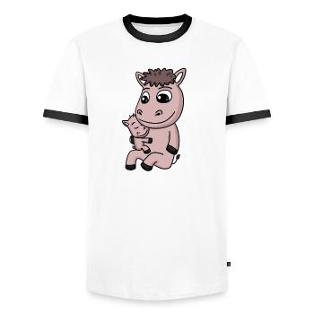 Famille Cheval - Cheval avec bébé - T-shirt contrasté Homme - blanc/noir - Devant - AI Model Female 172 light (172cm) & AI Model Male 178 dark (178cm)