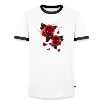 two beautiful fascinating red roses - Men's Ringer Shirt - white/black - Front - AI Model Female 172 light (172cm) & AI Model Male 178 dark (178cm)