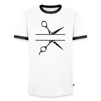 Texte bannière logo coiffeur, ciseaux - T-shirt contrasté Homme - blanc/noir - Devant - AI Model Female 172 light (172cm) & AI Model Male 178 dark (178cm)