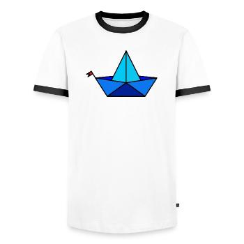 Papier Faltbötchen im Polygon Stil - Männer Kontrast-T-Shirt - Weiß/Schwarz - Vorne - AI Model Female 172 light (172cm) & AI Model Male 178 dark (178cm)