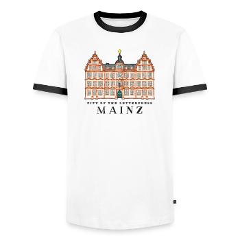 Mainz, City of Book Printing, Germany - Men's Ringer Shirt - white/black - Front - AI Model Female 172 light (172cm) & AI Model Male 178 dark (178cm)
