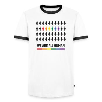 Pride Month LGBTQ - We Are All Human - Men's Ringer Shirt - white/black - Front - AI Model Female 172 light (172cm) & AI Model Male 178 dark (178cm)
