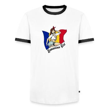 Design de drapeau pour fille roumaine - T-shirt contrasté Homme - blanc/noir - Devant - AI Model Female 172 light (172cm) & AI Model Male 178 dark (178cm)