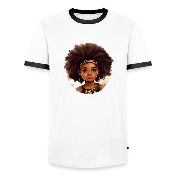 Powerful Afro Heroine Illustration - Men's Ringer Shirt - white/black - Front - AI Model Female 172 light (172cm) & AI Model Male 178 dark (178cm)