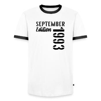 33rd birthday September 1993 - 33 years old - Men's Ringer Shirt - white/black - Front - AI Model Female 172 light (172cm) & AI Model Male 178 dark (178cm)