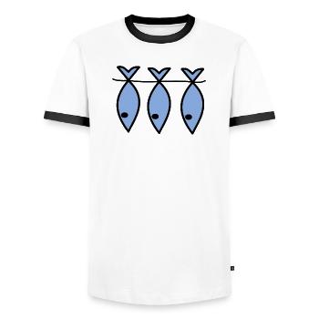 RETIREMENT. HAPPY RETIREMENT. HAPPY RETIREMENT. - Men's Ringer Shirt - white/black - Front - AI Model Female 172 light (172cm) & AI Model Male 178 dark (178cm)