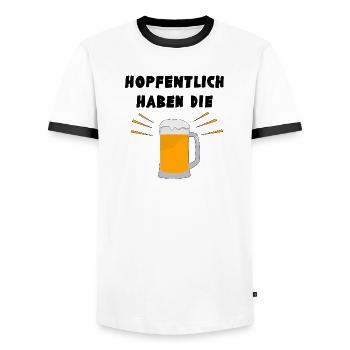 Wortwitz: Hopfentlich haben die Bier - Joke - Männer Kontrast-T-Shirt - Weiß/Schwarz - Vorne - AI Model Female 172 light (172cm) & AI Model Male 178 dark (178cm)