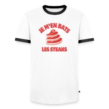 je m'en fiche, je m'en fou, rien à battre - T-shirt contrasté Homme - blanc/noir - Devant - AI Model Female 172 light (172cm) & AI Model Male 178 dark (178cm)