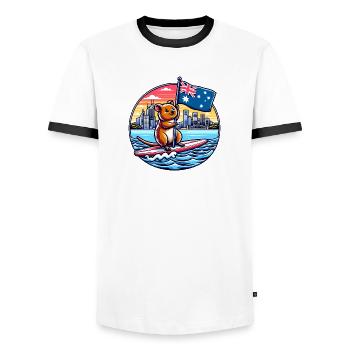 Quokka Surfing Australien Design - Männer Kontrast-T-Shirt - Weiß/Schwarz - Vorne - AI Model Female 172 light (172cm) & AI Model Male 178 dark (178cm)