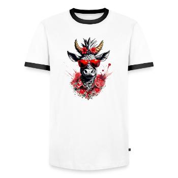 Festayre, féria et taureau fun, pour faire la fête - T-shirt contrasté Homme - blanc/noir - Devant - AI Model Female 172 light (172cm) & AI Model Male 178 dark (178cm)