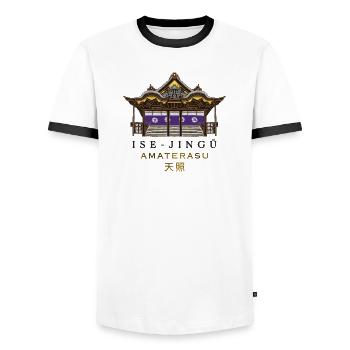 Schrein Ise-jingu, Sonnengöttin Amaterasu, Japan - Männer Kontrast-T-Shirt - Weiß/Schwarz - Vorne - AI Model Female 172 light (172cm) & AI Model Male 178 dark (178cm)