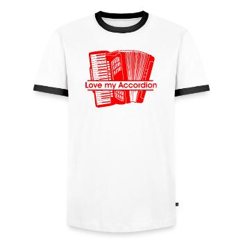 Love my Accordion - Men's Ringer Shirt - white/black - Front - AI Model Female 172 light (172cm) & AI Model Male 178 dark (178cm)