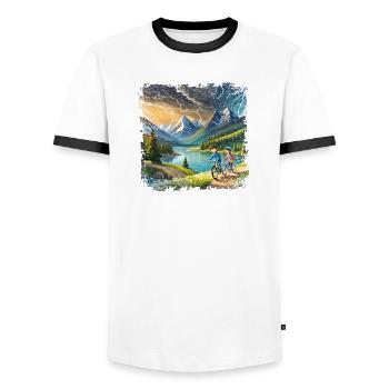 Children on bicycles in mountain landscape - Men's Ringer Shirt - white/black - Front - AI Model Female 172 light (172cm) & AI Model Male 178 dark (178cm)